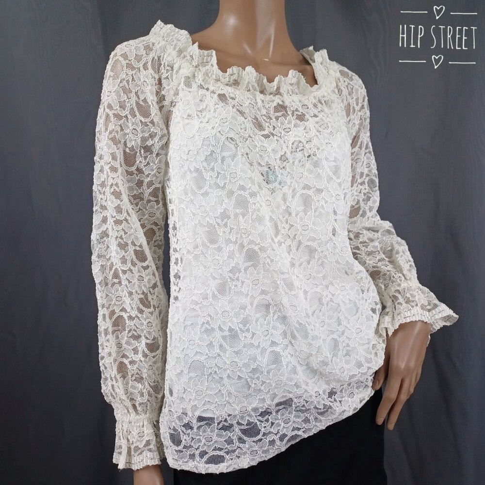 Long Sleeve Sheer Lace Ruffle Neck Blouse Top M